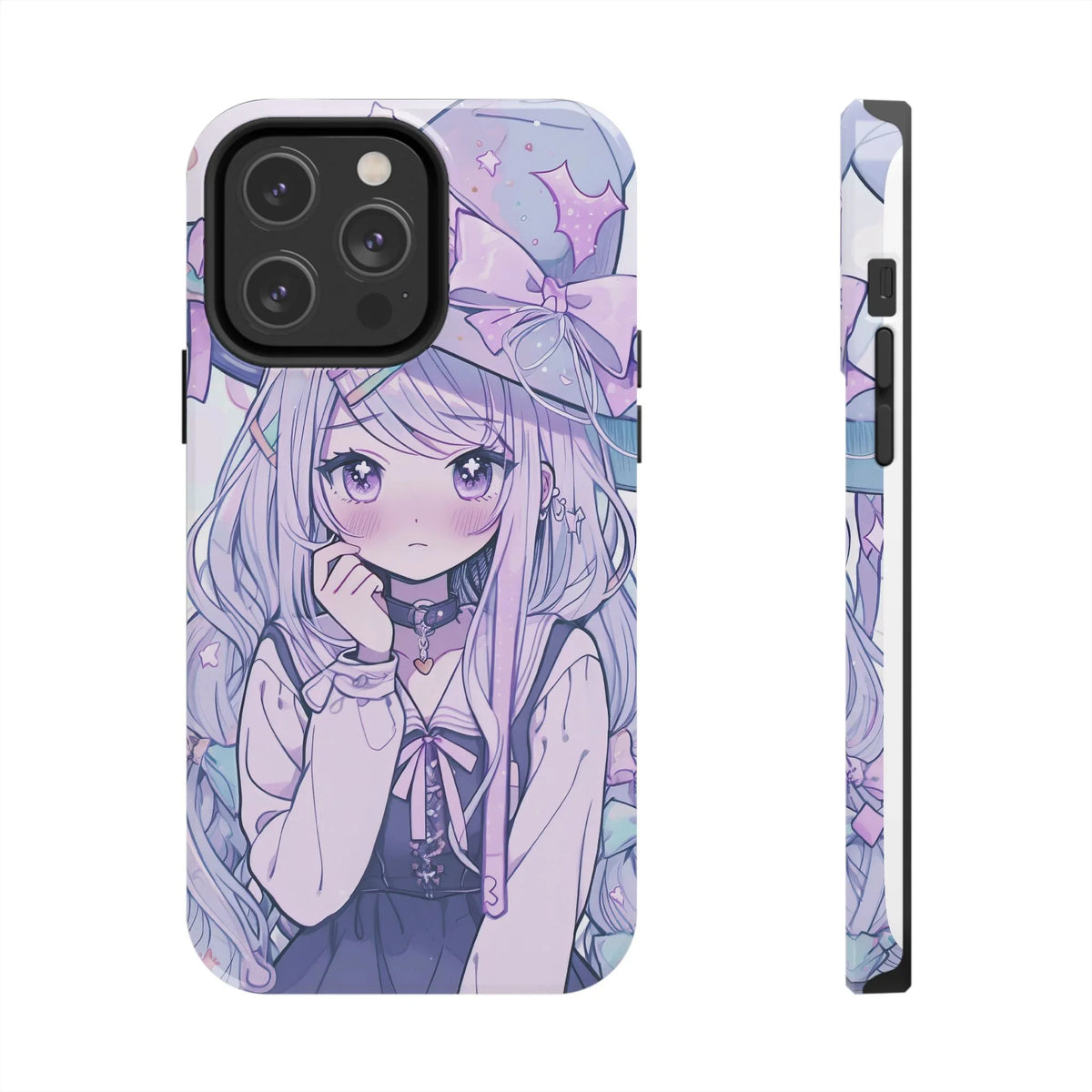 Kawaii anime girl pastel iPhone case with lavender hair and large bow design