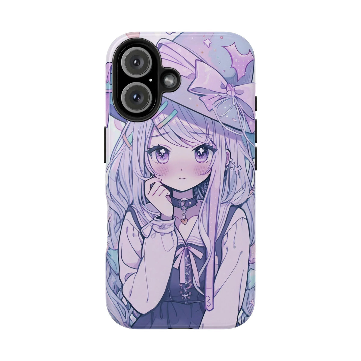 Kawaii pastel anime girl iPhone case with purple bow and star design