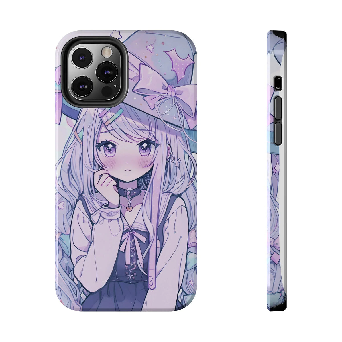 Kawaii anime girl phone case with pastel colors, witch hat, and star details for iPhone