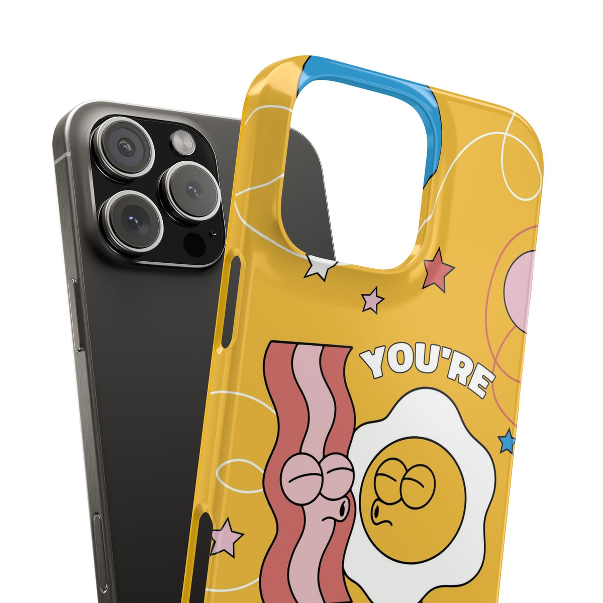 fried egg and bacon couple in retro cartoon style. - casetinger