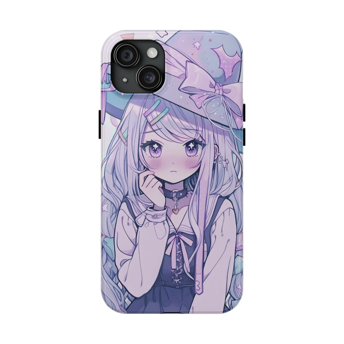 Kawaii anime girl with pastel hair and bow on pastel aesthetic iPhone case
