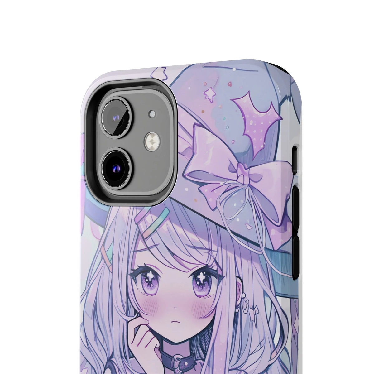 Kawaii iPhone case featuring pastel anime witch girl with lilac hair and large bow hat
