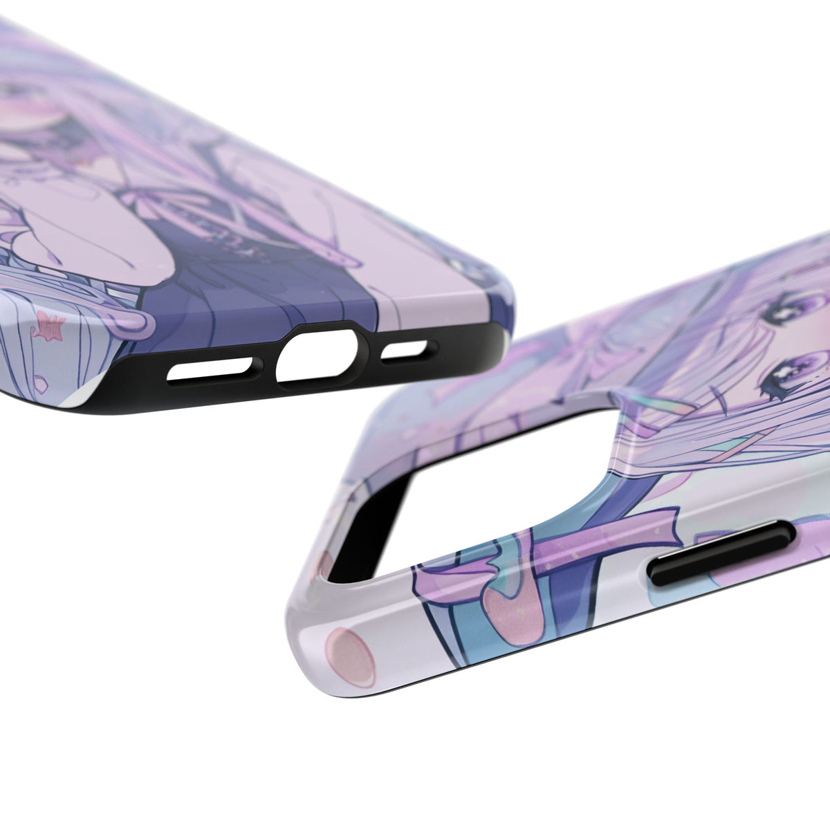Close-up of pastel anime girl iPhone case with kawaii purple and blue character design