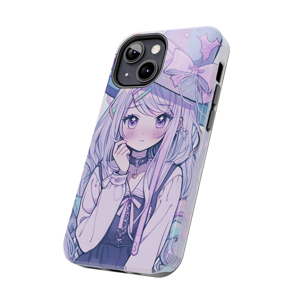 Kawaii pastel iPhone case featuring anime girl with long hair, ribbon, and soft purple tones