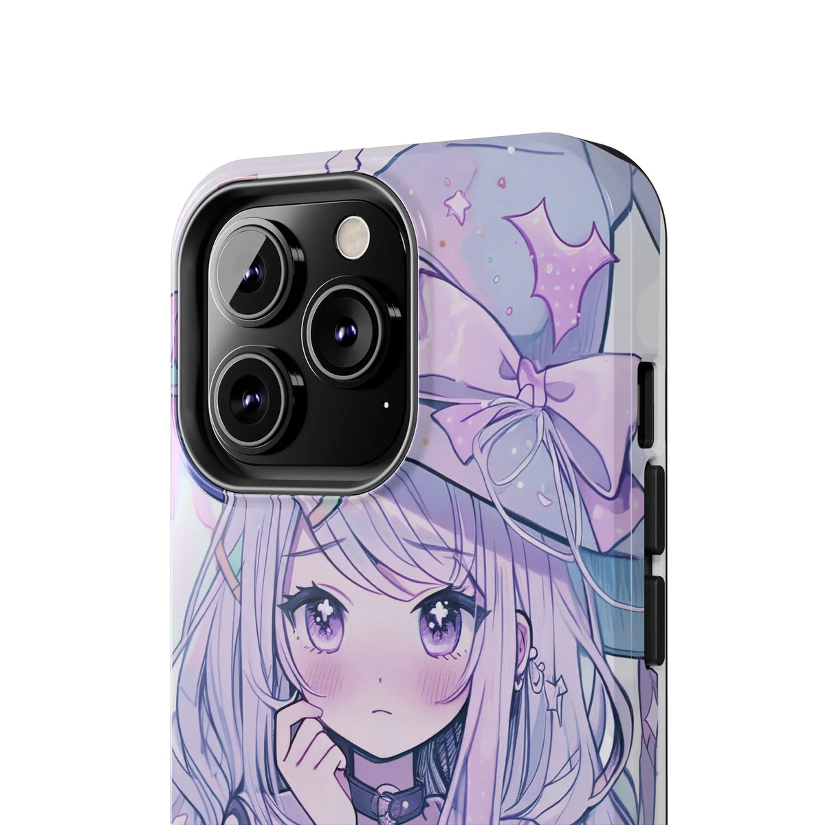 Kawaii anime girl witch design on pastel purple iPhone case, close-up view