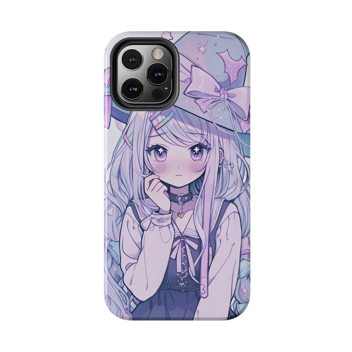 Kawaii pastel anime witch girl iPhone case with long hair and big hat illustration