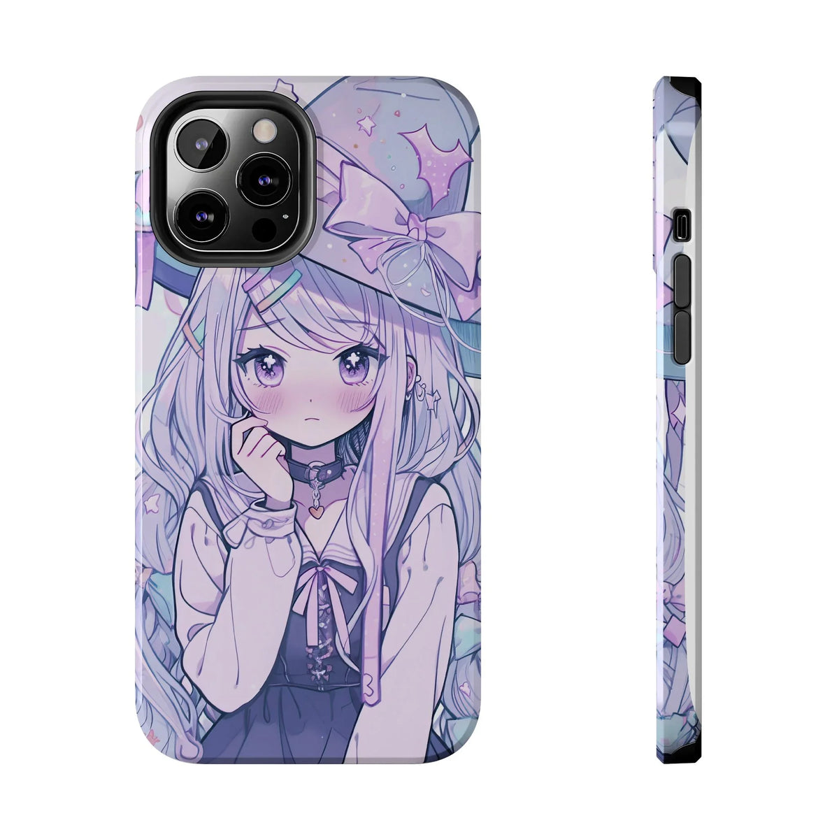 Kawaii anime girl iPhone case with pastel colors, cute witch hat, and star details