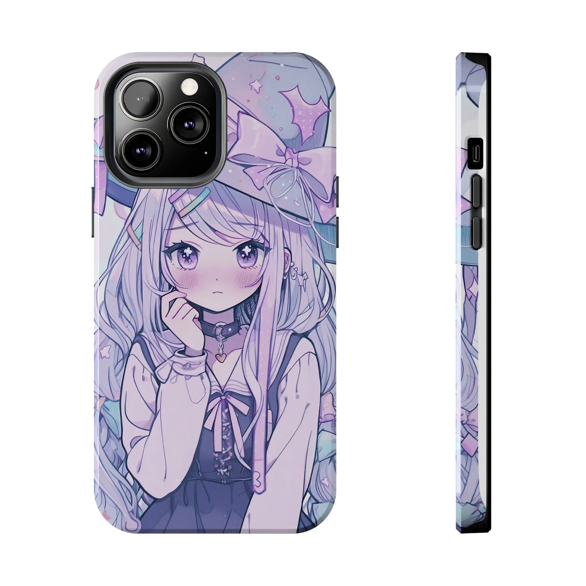 Kawaii pastel anime girl iPhone case with purple hues, witch hat and bow design, cute aesthetic