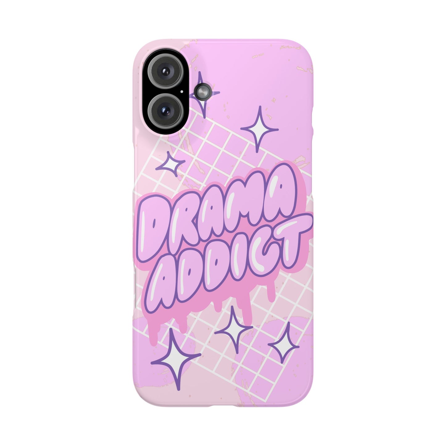 Pink iPhone Case with Modern "Drama addict" Design and Stars, Compatible with iPhone 16 Pro Max, 14, 13 and 15. Wireless charging support