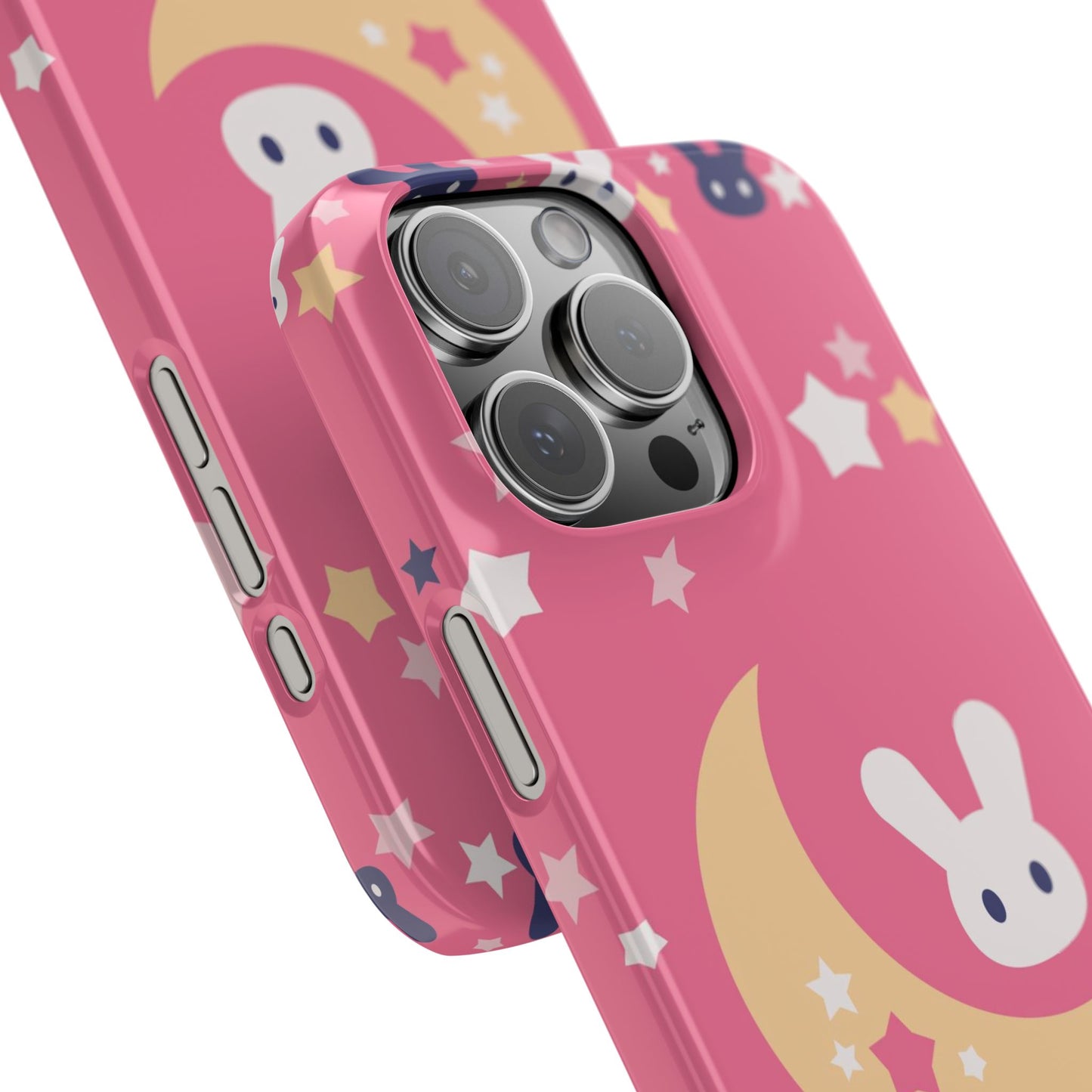 Pink iPhone case with adorable bunnies with moon - ideal for kids and bunny lovers. Iphone 15 case, iphone 14 and iphone 13 pro max mini