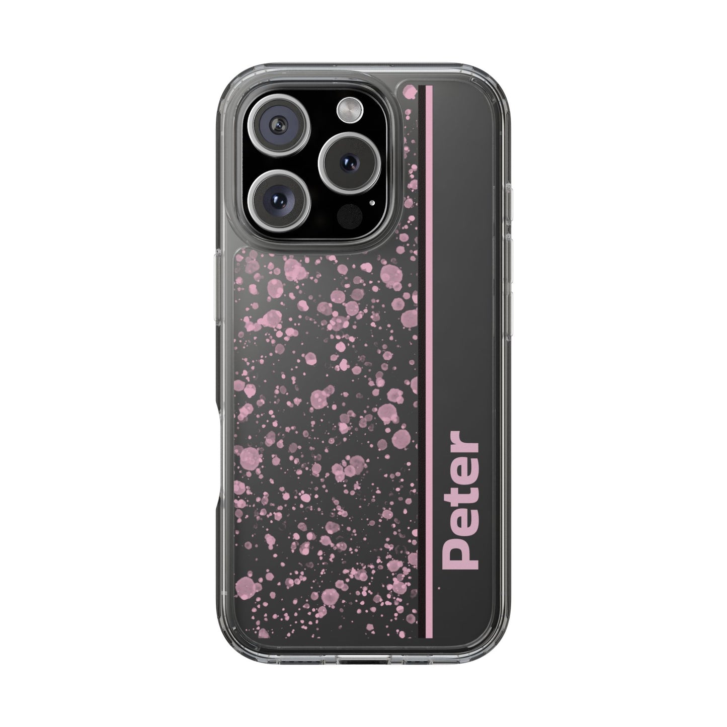 Personalized Clear Phone Case with Pink Splatter Design