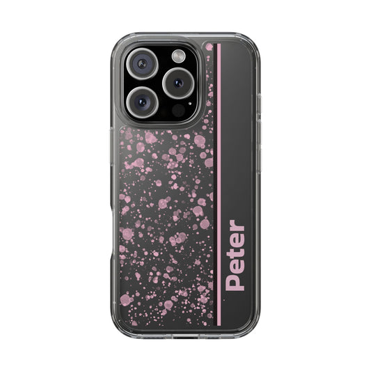 Personalized Clear Phone Case with Pink Splatter Design