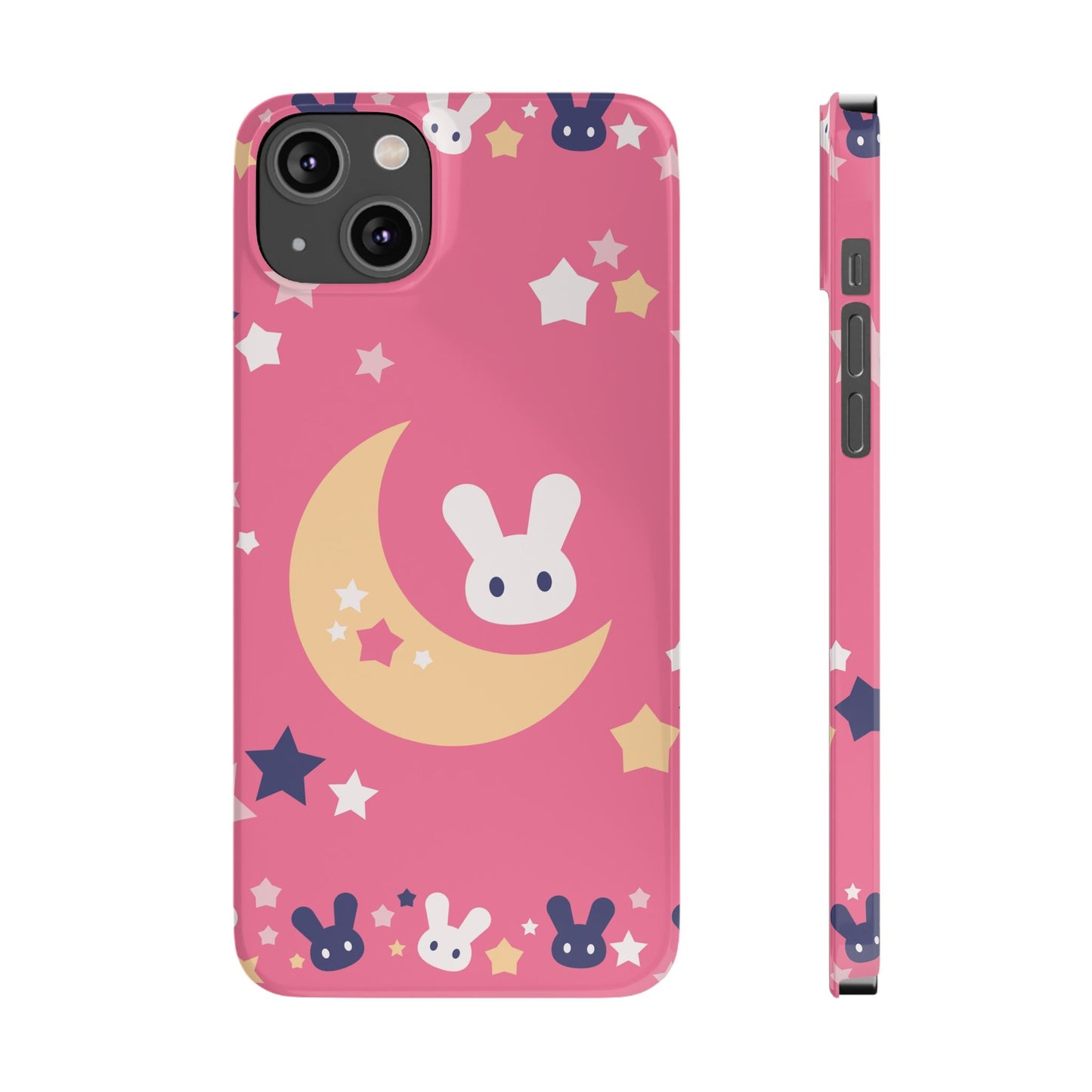 Pink iPhone case with adorable bunnies with moon - ideal for kids and bunny lovers. Iphone 15 case, iphone 14 and iphone 13 pro max mini