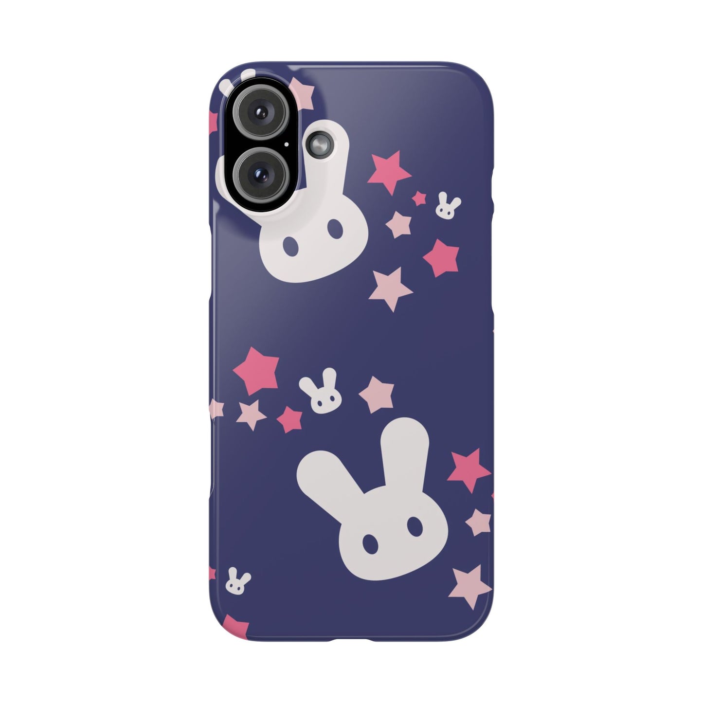 Blue iPhone case w. adorable bunnies with stars background