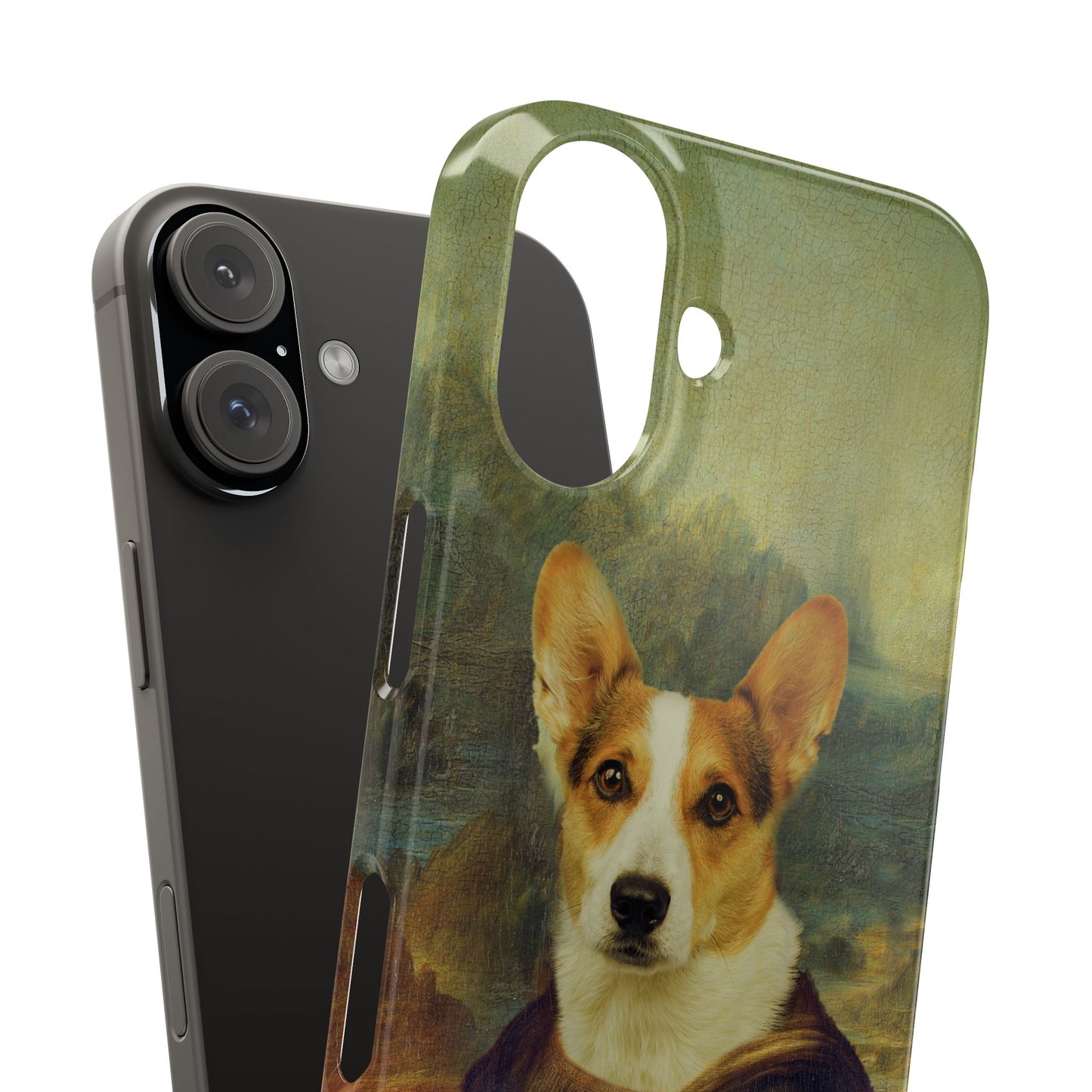 Puppy iPhone Case, Mona Lisa Parody, Wireless Charging - iPhone 16, 15, 14, 13 Pro/Max