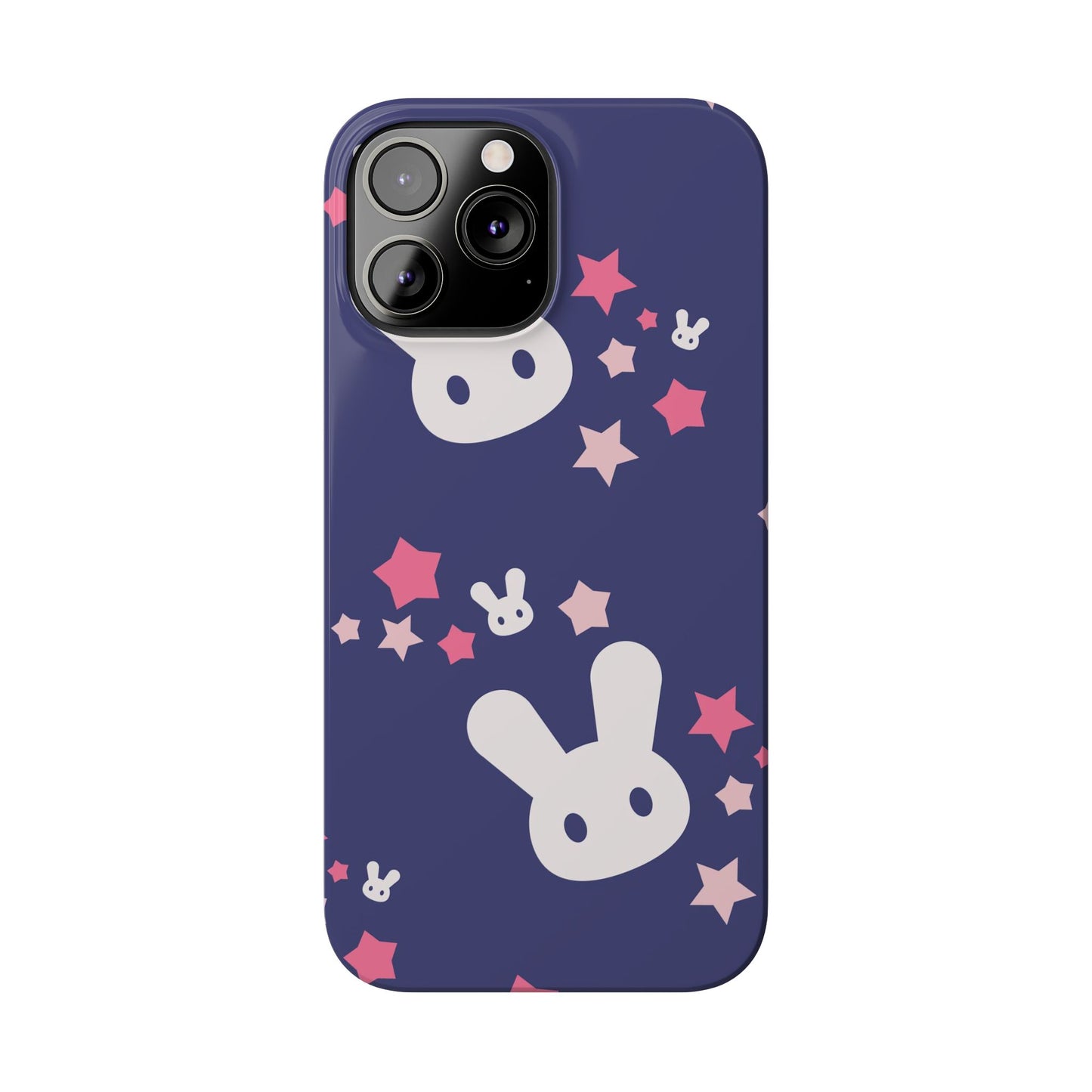 Blue iPhone case w. adorable bunnies with stars background