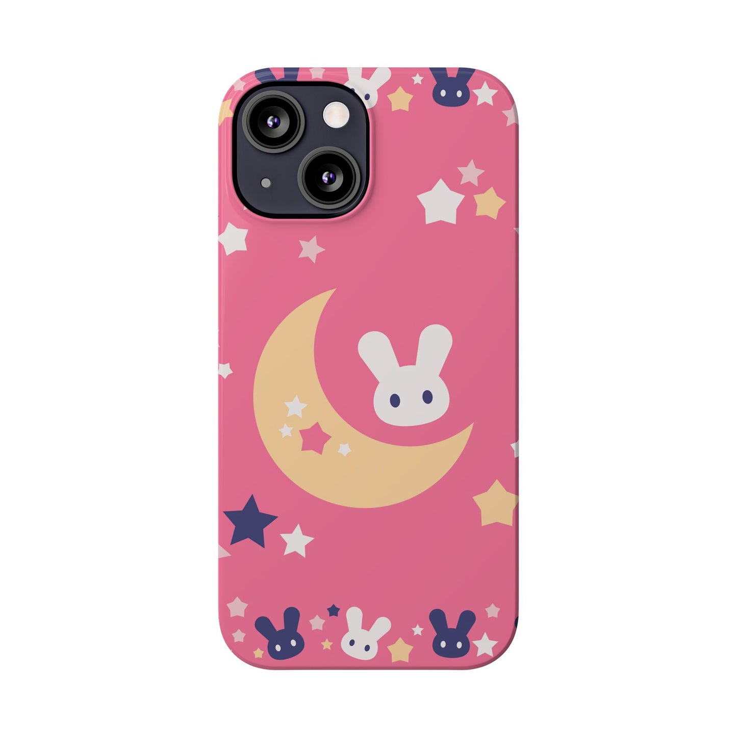 Pink iPhone case with adorable bunnies with moon - ideal for kids and bunny lovers. Iphone 15 case, iphone 14 and iphone 13 pro max mini