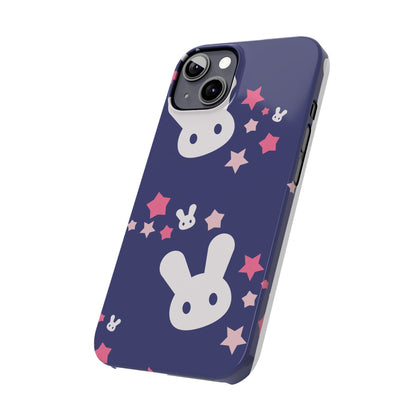 Blue iPhone case w. adorable bunnies with stars background : Ideal for Kids and Rabbit Lovers. Iphone 15, iphone 14 and iphone 13 pro max