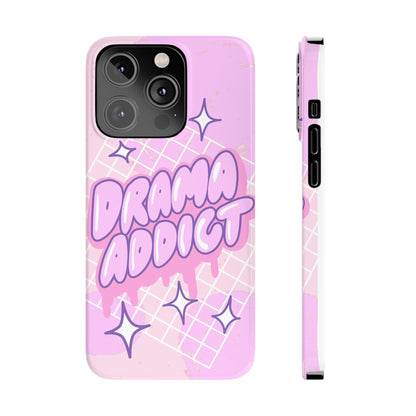 Pink iPhone Case with Modern "Drama addict" Design and Stars, Compatible with iPhone 16 Pro Max, 14, 13 and 15. Wireless charging support