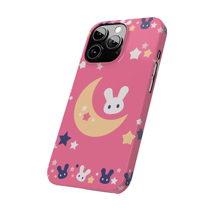 Pink iPhone case with adorable bunnies with moon - ideal for kids and bunny lovers. Iphone 15 case, iphone 14 and iphone 13 pro max mini