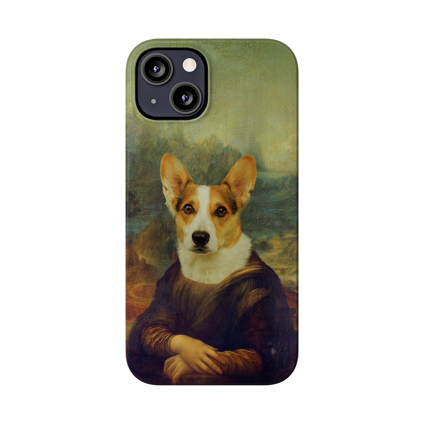 Puppy iPhone Case, Mona Lisa Parody, Wireless Charging - iPhone 16, 15, 14, 13 Pro/Max