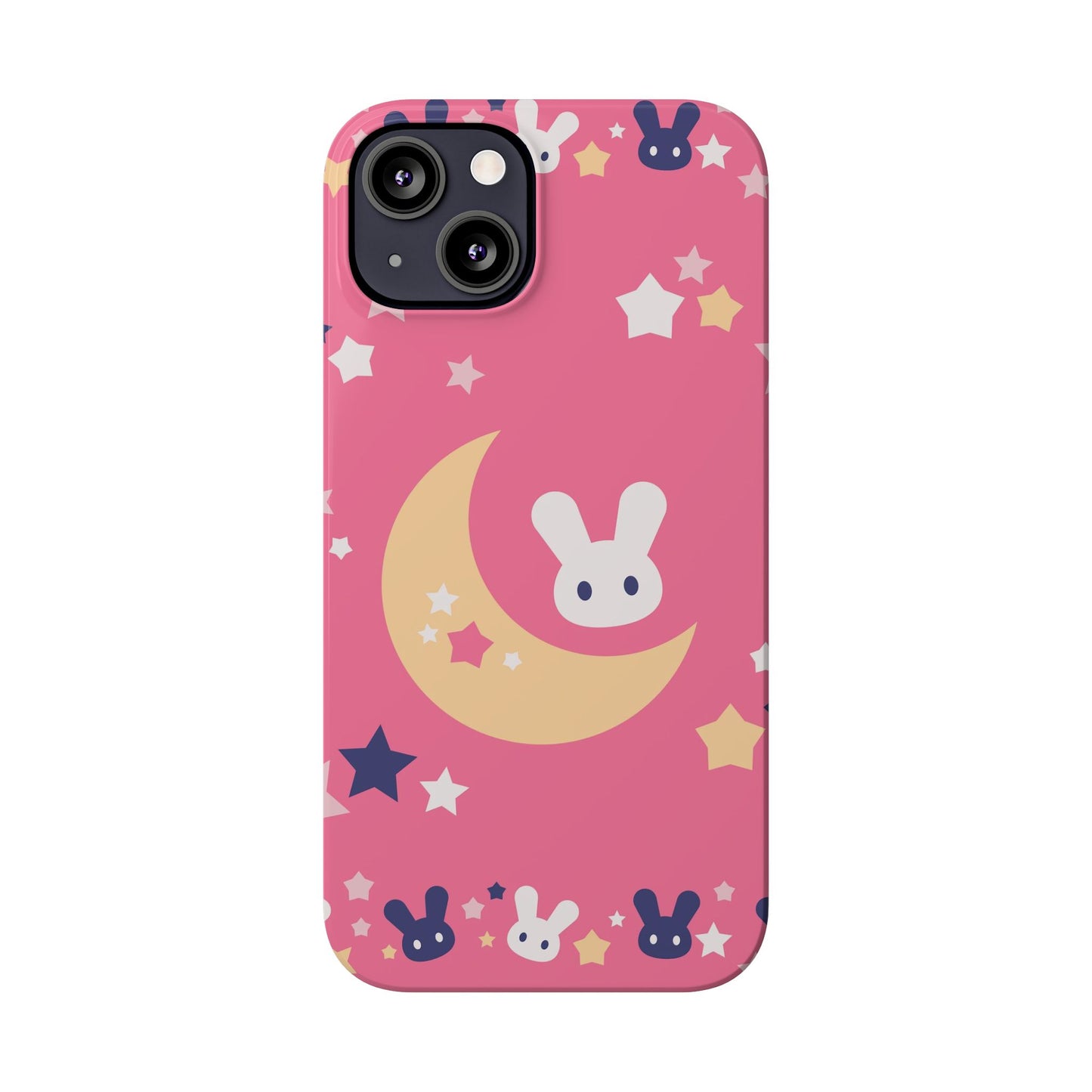 Pink iPhone case with adorable bunnies with moon - ideal for kids and bunny lovers. Iphone 15 case, iphone 14 and iphone 13 pro max mini