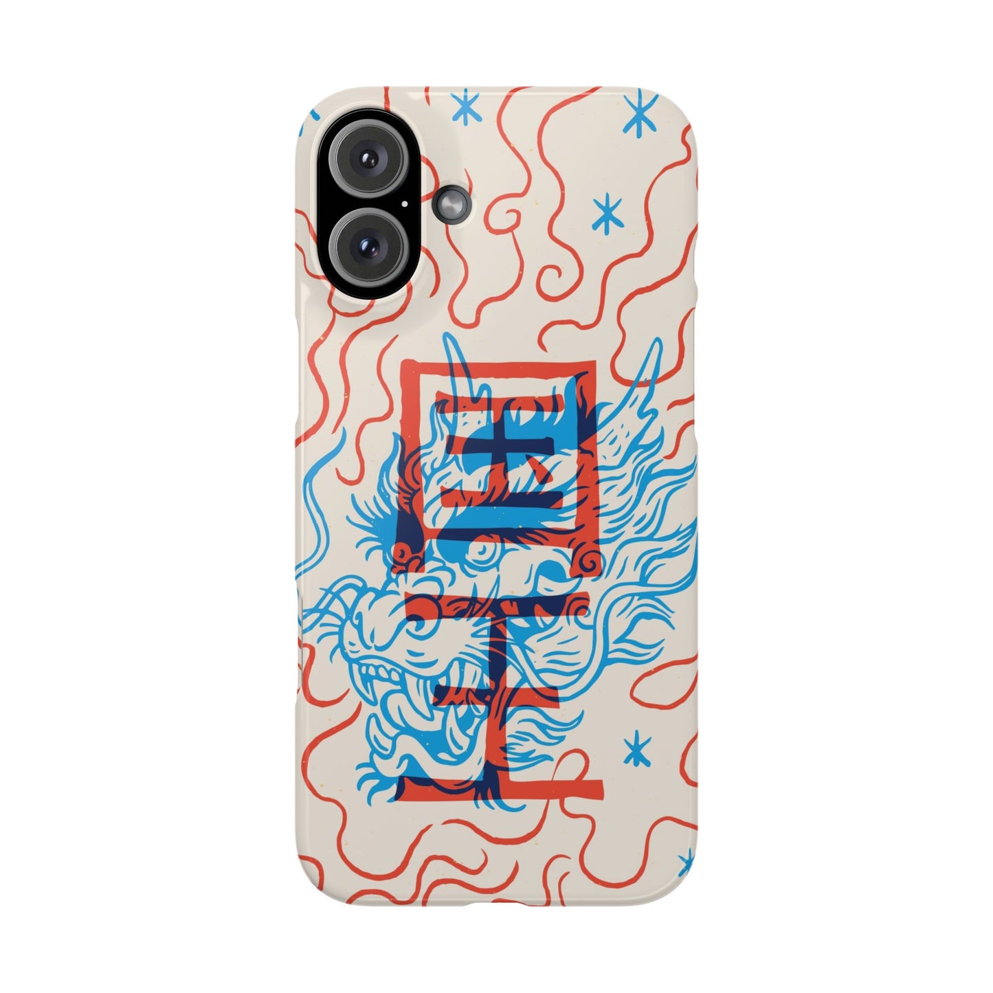 Geek case with dragon design and Asian art duotone style