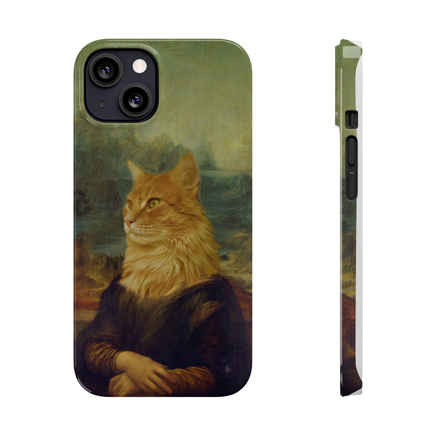 Kitty-Inspired iPhone Case, Mona Lisa Art, Wireless Charging Compatible - iPhone 16 15, 14, 13 Pro/Max