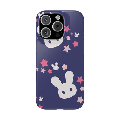 Blue iPhone case w. adorable bunnies with stars background : Ideal for Kids and Rabbit Lovers. Iphone 15, iphone 14 and iphone 13 pro max