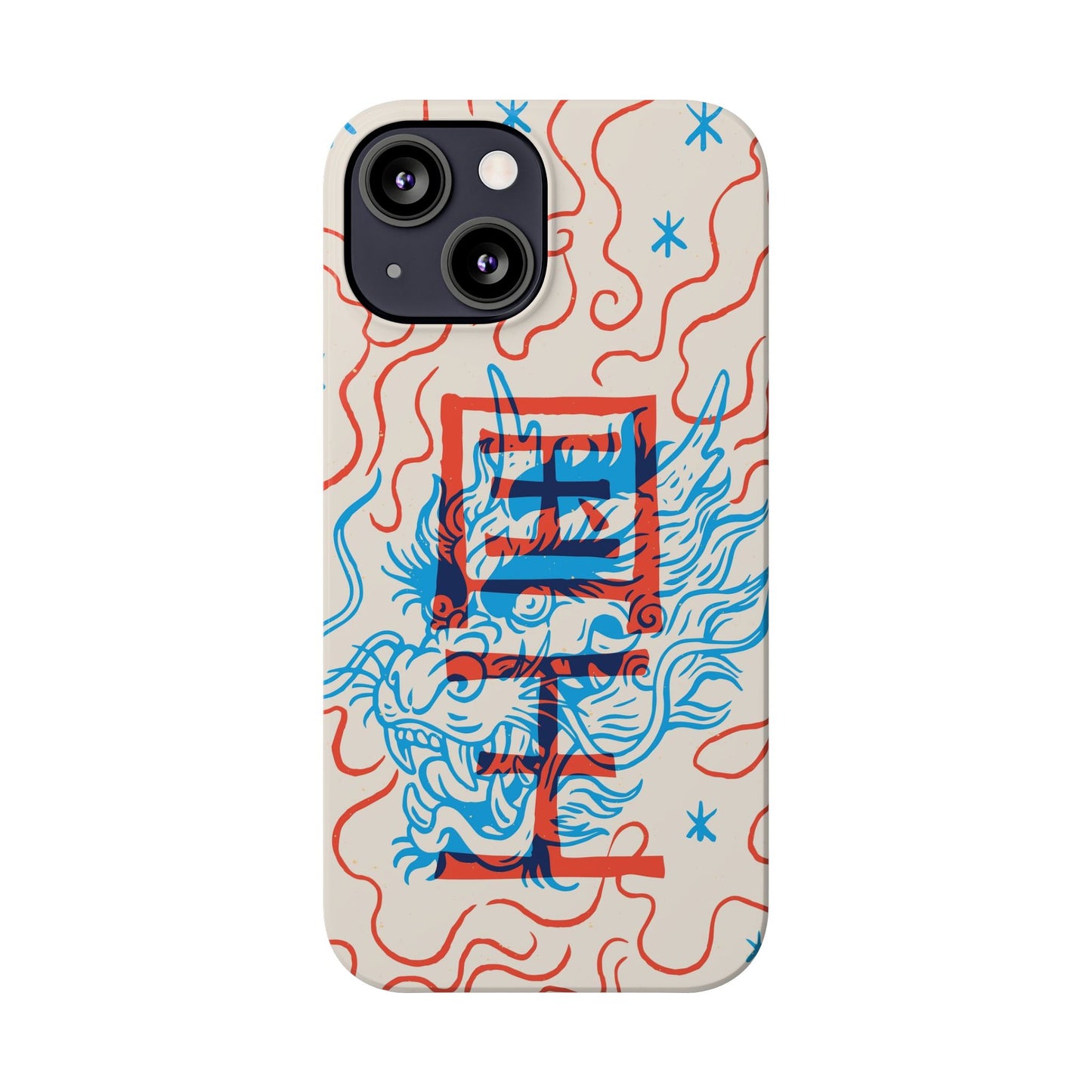 Geek iPhone case with dragon design and Asian art duotone style. Iphone 15 case, iphone 14 and iphone 13 pro and max