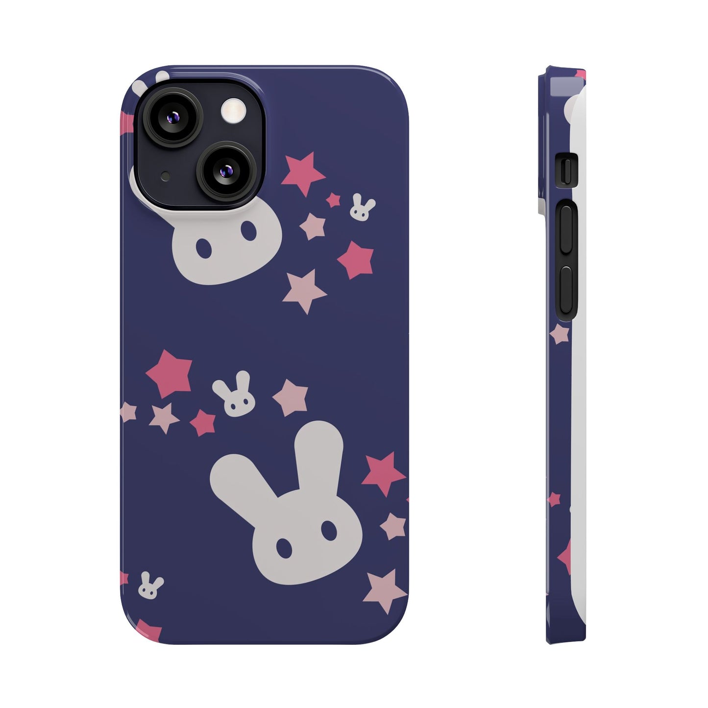 Blue iPhone case w. adorable bunnies with stars background : Ideal for Kids and Rabbit Lovers. Iphone 15, iphone 14 and iphone 13 pro max