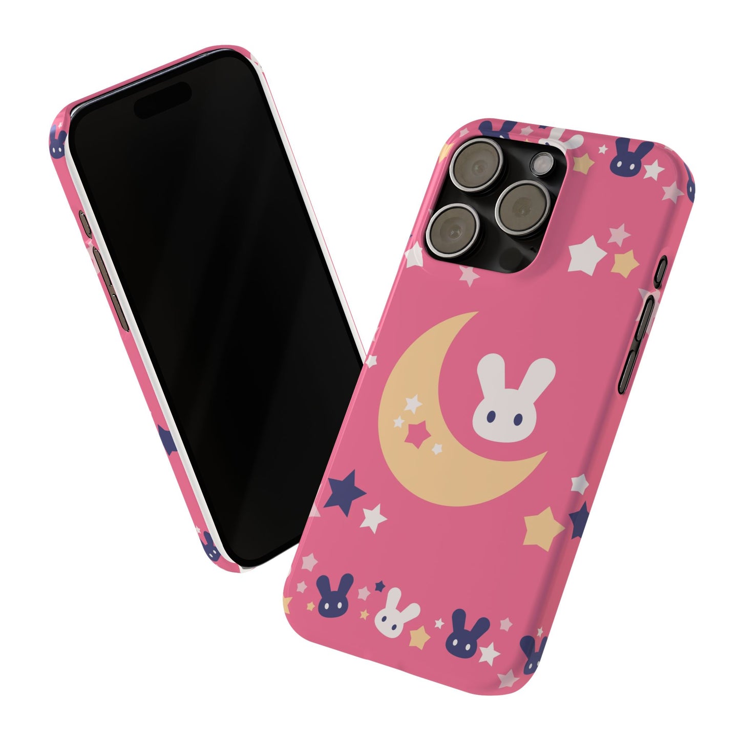 Pink iPhone case with adorable bunnies with moon - ideal for kids and bunny lovers. Iphone 15 case, iphone 14 and iphone 13 pro max mini