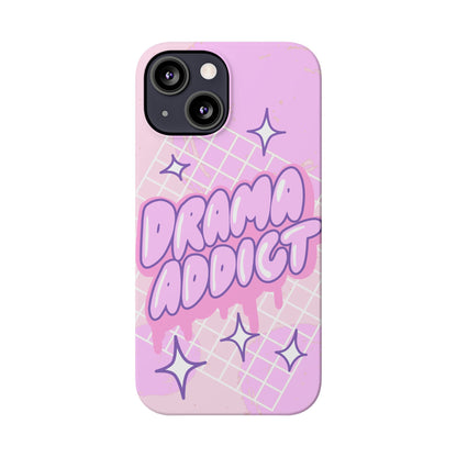 Pink iPhone Case with Modern "Drama addict" Design and Stars, Compatible with iPhone 16 Pro Max, 14, 13 and 15. Wireless charging support