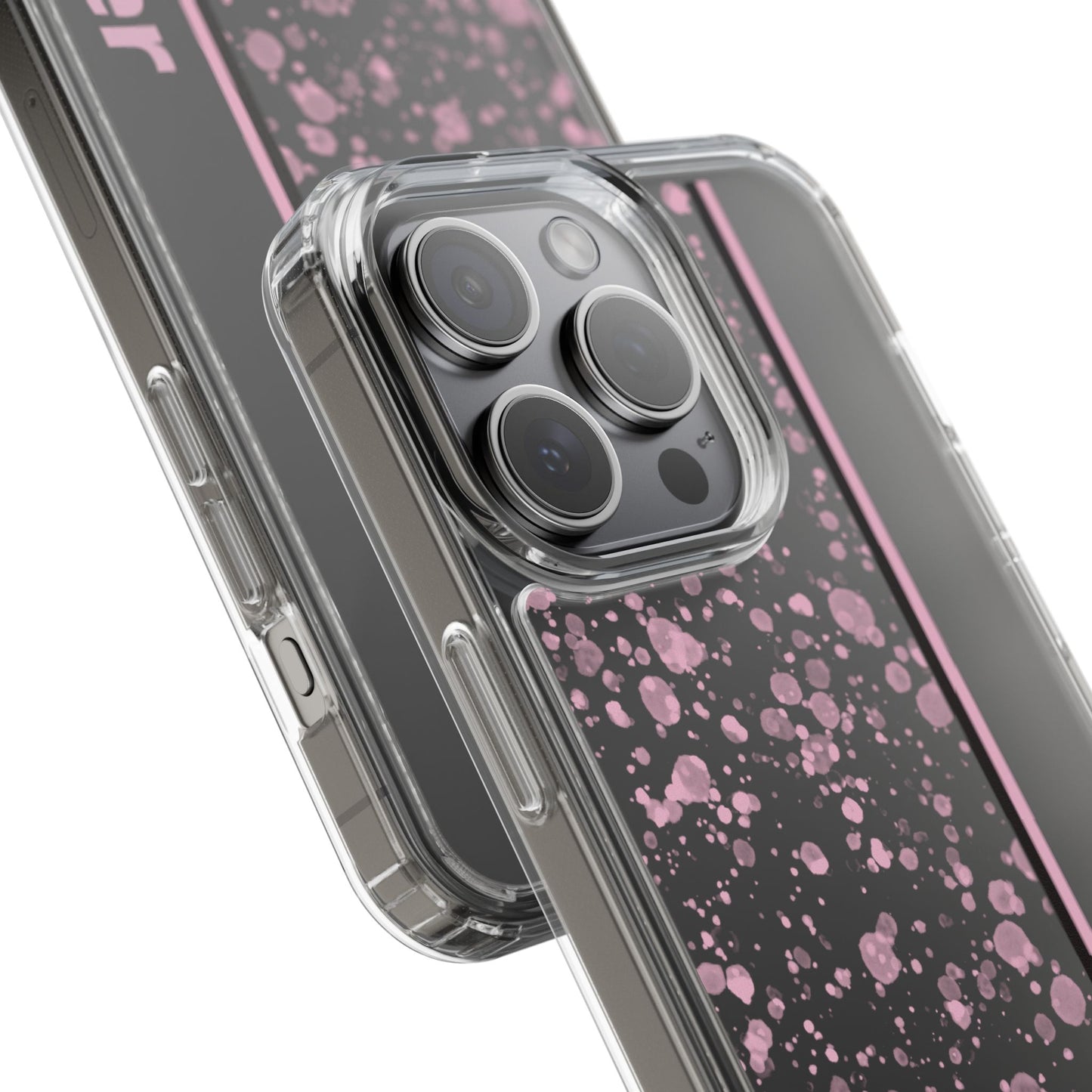 Personalized Clear Phone Case with Pink Splatter Design