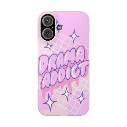 Pink iPhone Case with Modern "Drama addict" Design and Stars, Compatible with iPhone 16 Pro Max, 14, 13 and 15. Wireless charging support