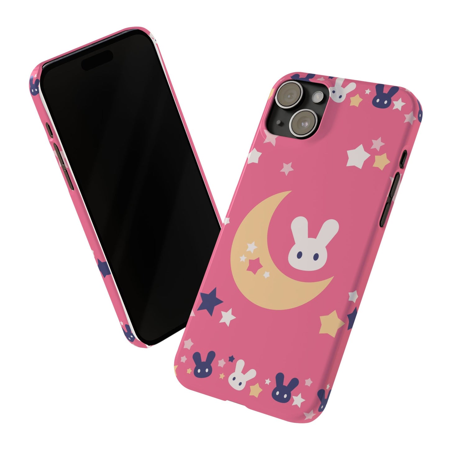 Pink iPhone case with adorable bunnies with moon - ideal for kids and bunny lovers. Iphone 15 case, iphone 14 and iphone 13 pro max mini