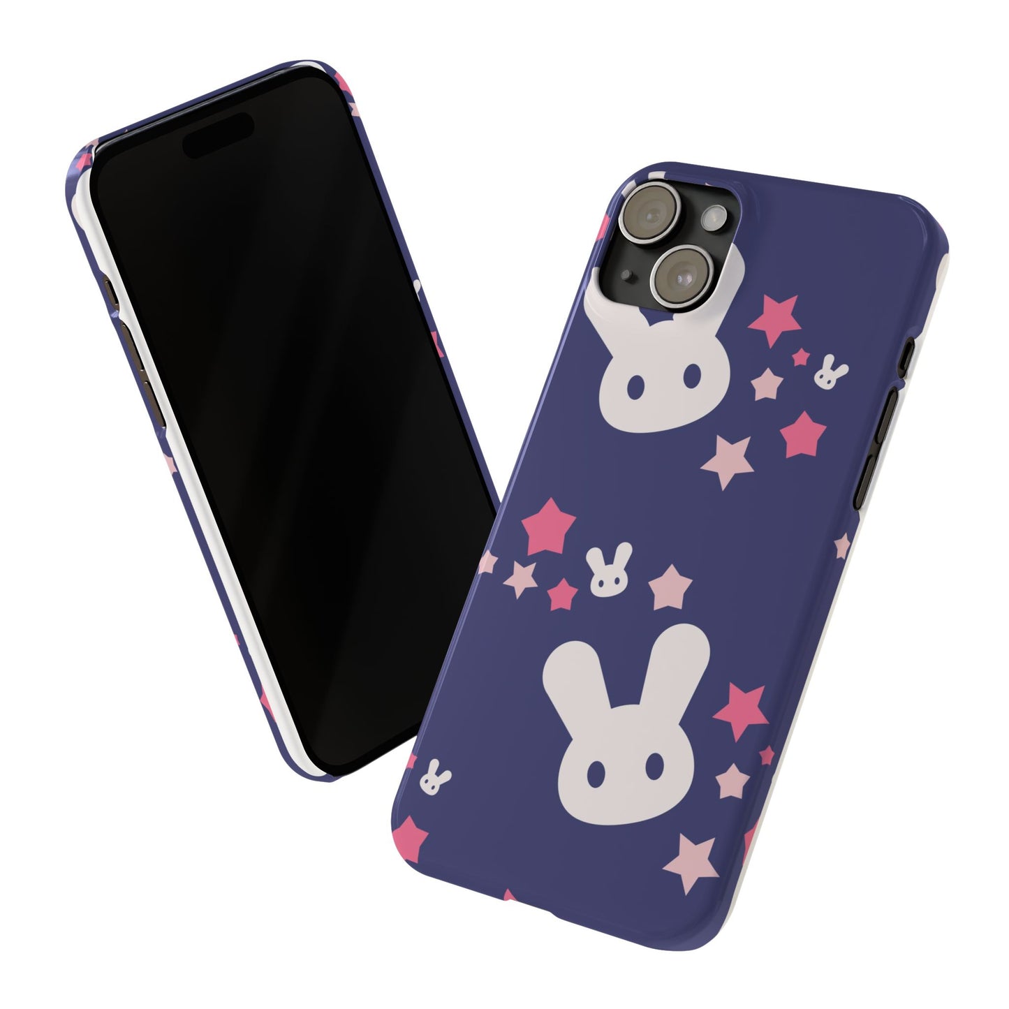 Blue iPhone case w. adorable bunnies with stars background : Ideal for Kids and Rabbit Lovers. Iphone 15, iphone 14 and iphone 13 pro max