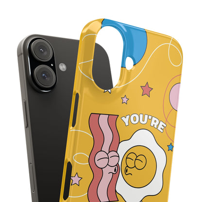 fried egg and bacon couple in retro cartoon style. - casetinger