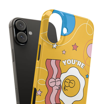 fried egg and bacon couple in retro cartoon style. - casetinger