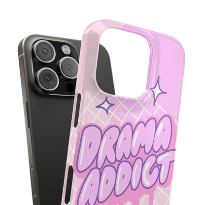 Pink iPhone Case with Modern "Drama addict" Design and Stars, Compatible with iPhone 16 Pro Max, 14, 13 and 15. Wireless charging support