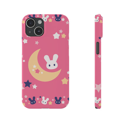 Pink iPhone case with adorable bunnies with moon - ideal for kids and bunny lovers. Iphone 15 case, iphone 14 and iphone 13 pro max mini