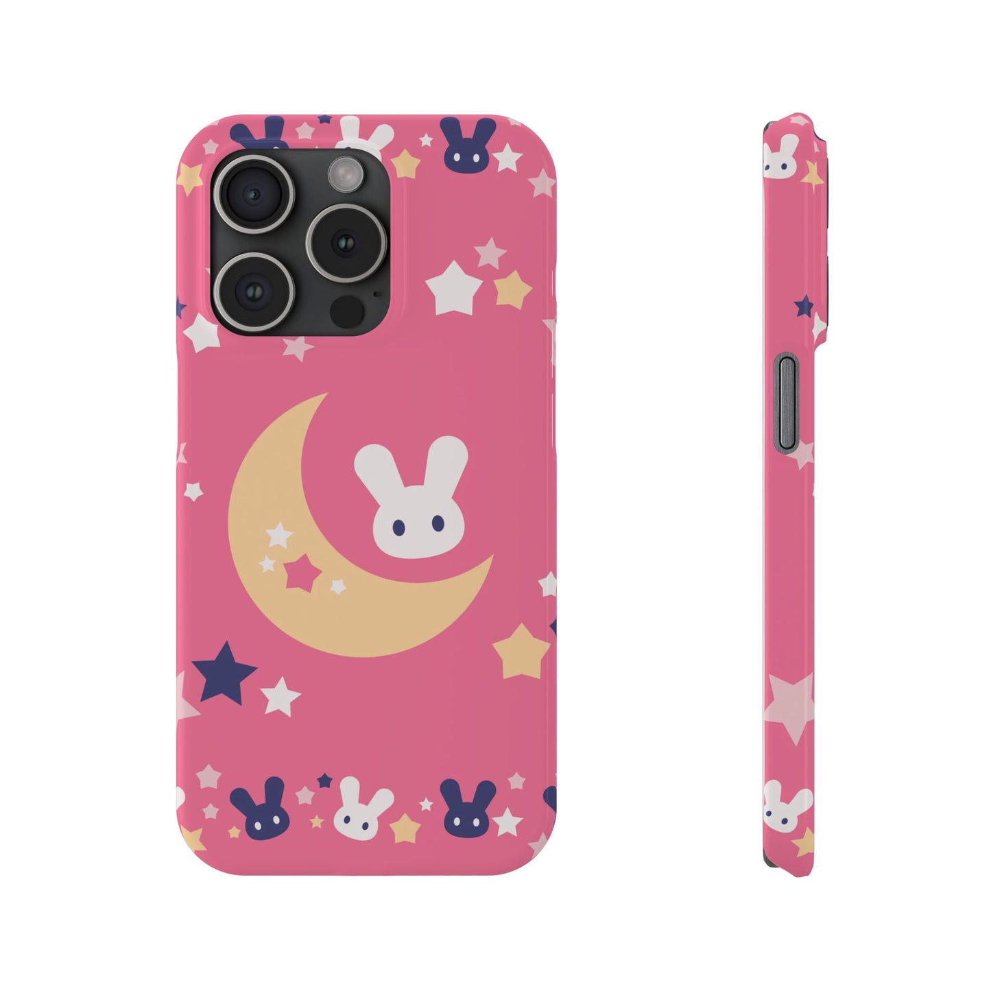 Pink iPhone case with adorable bunnies with moon - ideal for kids and bunny lovers. Iphone 15 case, iphone 14 and iphone 13 pro max mini