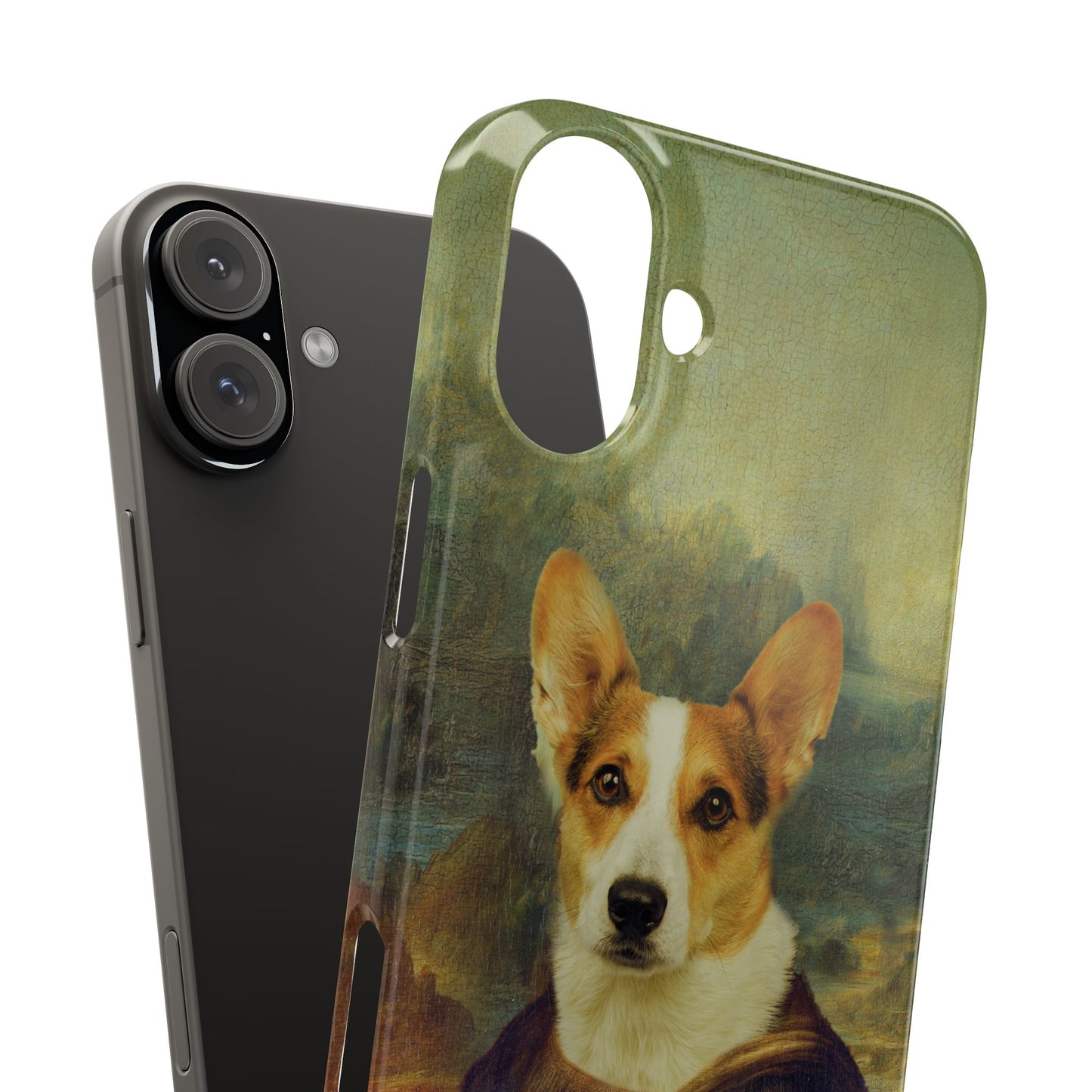 Puppy iPhone Case, Mona Lisa Parody, Wireless Charging - iPhone 16, 15, 14, 13 Pro/Max