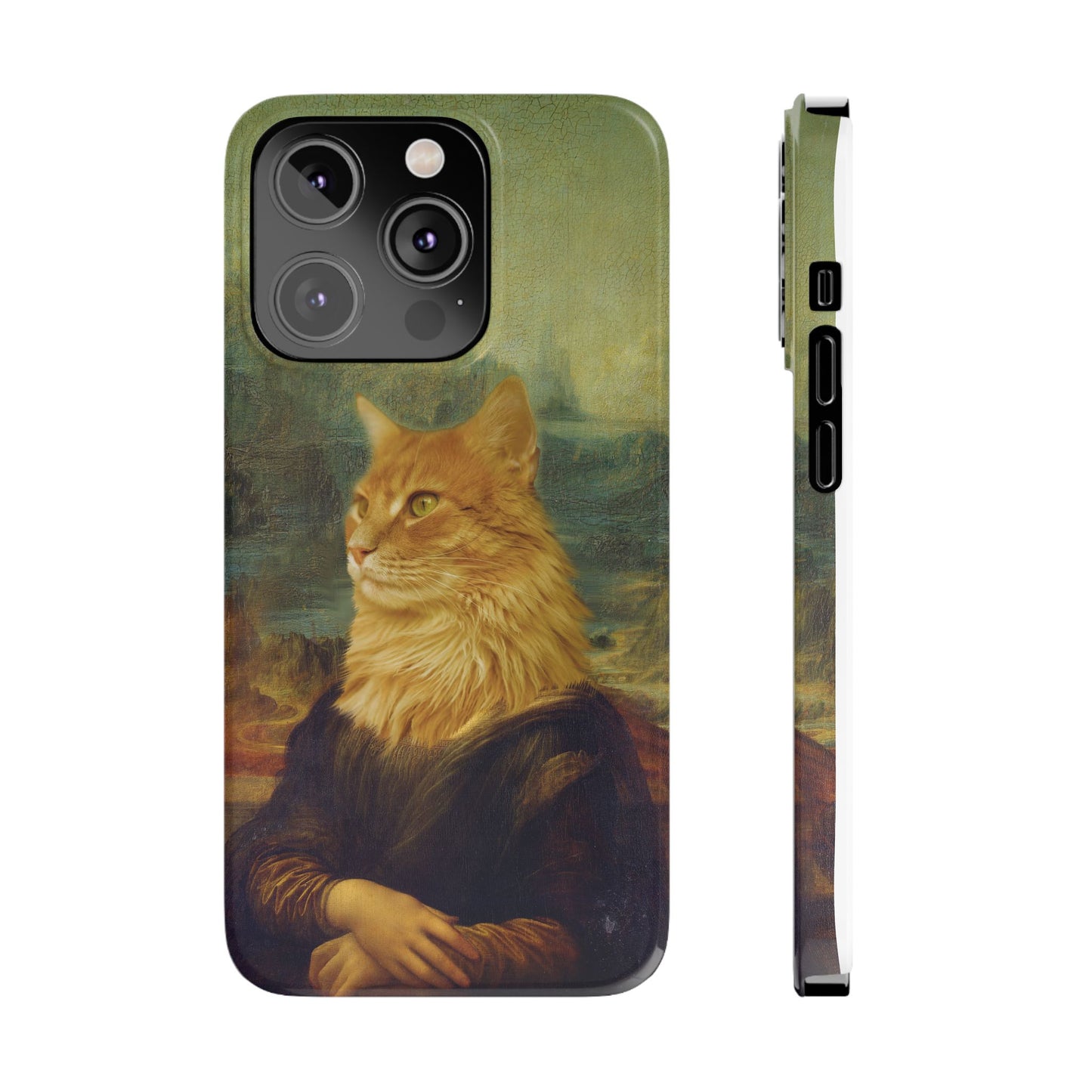 Kitty-Inspired iPhone Case, Mona Lisa Art, Wireless Charging Compatible - iPhone 16 15, 14, 13 Pro/Max