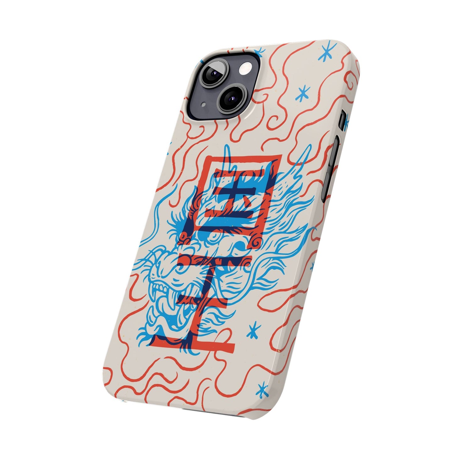 Geek case with dragon design and Asian art duotone style
