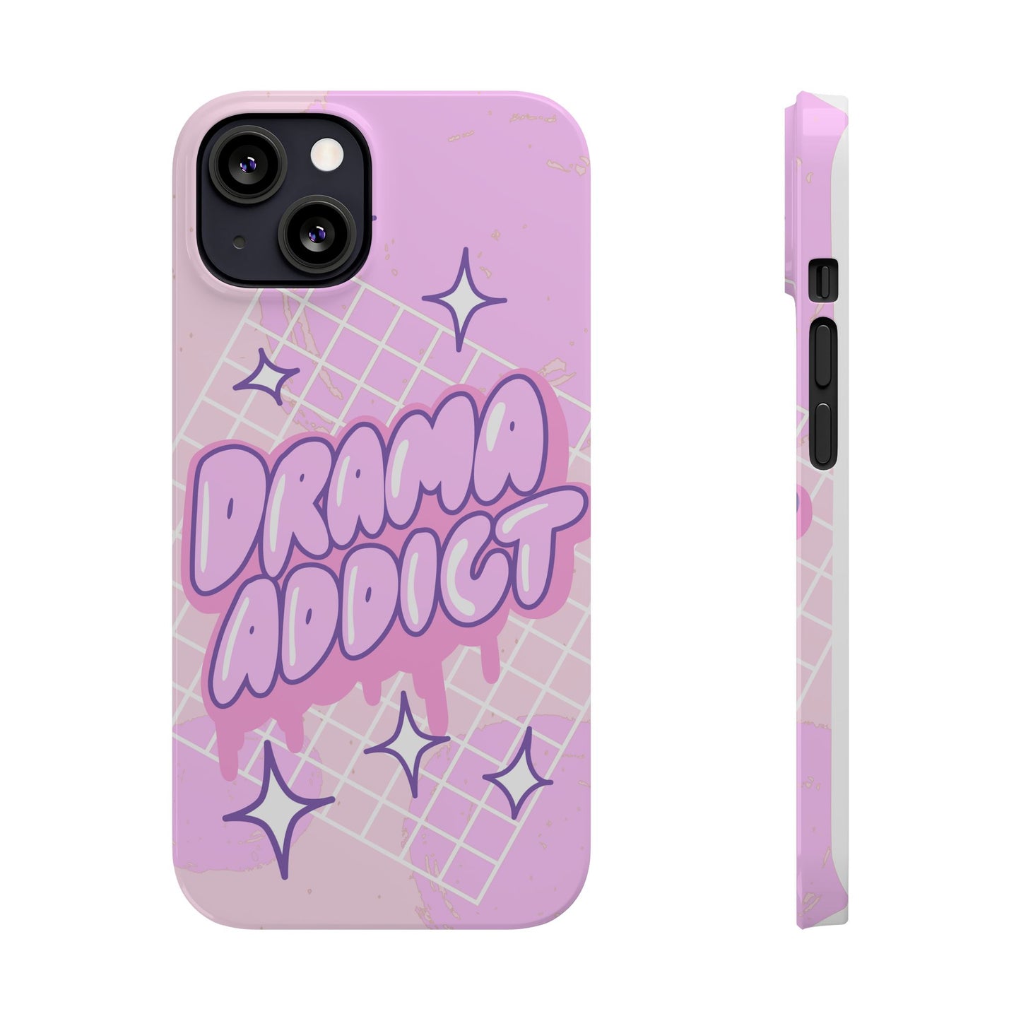 Pink iPhone Case with Modern "Drama addict" Design and Stars, Compatible with iPhone 16 Pro Max, 14, 13 and 15. Wireless charging support