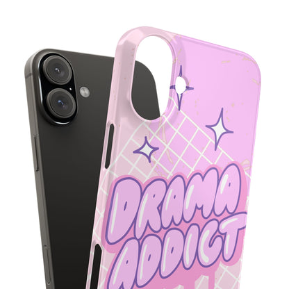 Pink iPhone Case with Modern "Drama addict" Design and Stars, Compatible with iPhone 16 Pro Max, 14, 13 and 15. Wireless charging support