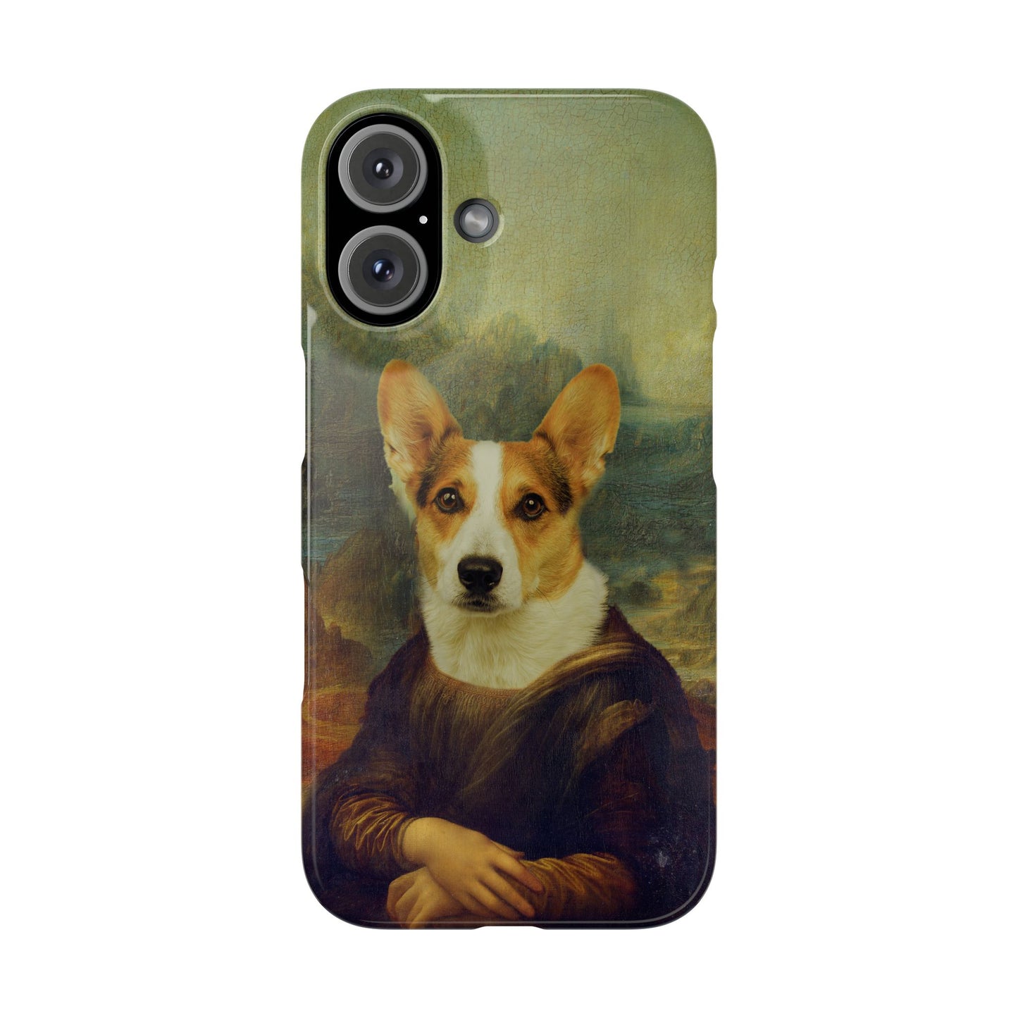 Puppy iPhone Case, Mona Lisa Parody, Wireless Charging - iPhone 16, 15, 14, 13 Pro/Max