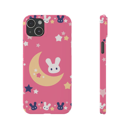 Pink iPhone case with adorable bunnies with moon - ideal for kids and bunny lovers. Iphone 15 case, iphone 14 and iphone 13 pro max mini