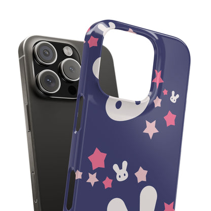 Blue iPhone case w. adorable bunnies with stars background : Ideal for Kids and Rabbit Lovers. Iphone 15, iphone 14 and iphone 13 pro max